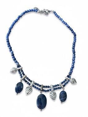 Vintage Beaded Necklace Blue Lapis Lazuli Dichroic Teardrops Silver Leaves
